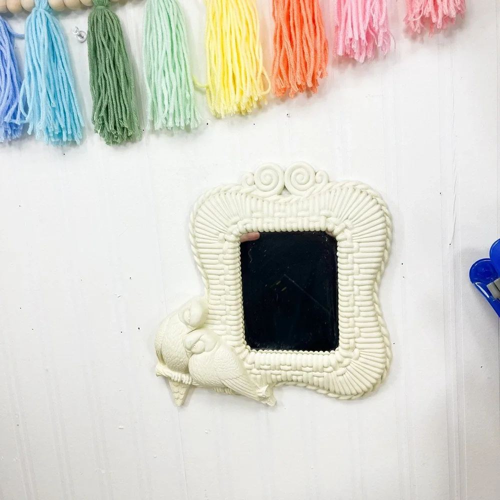 Vintage Cream Lovebirds Wall Mirror Faux Wicker Tropical Coastal Decor White